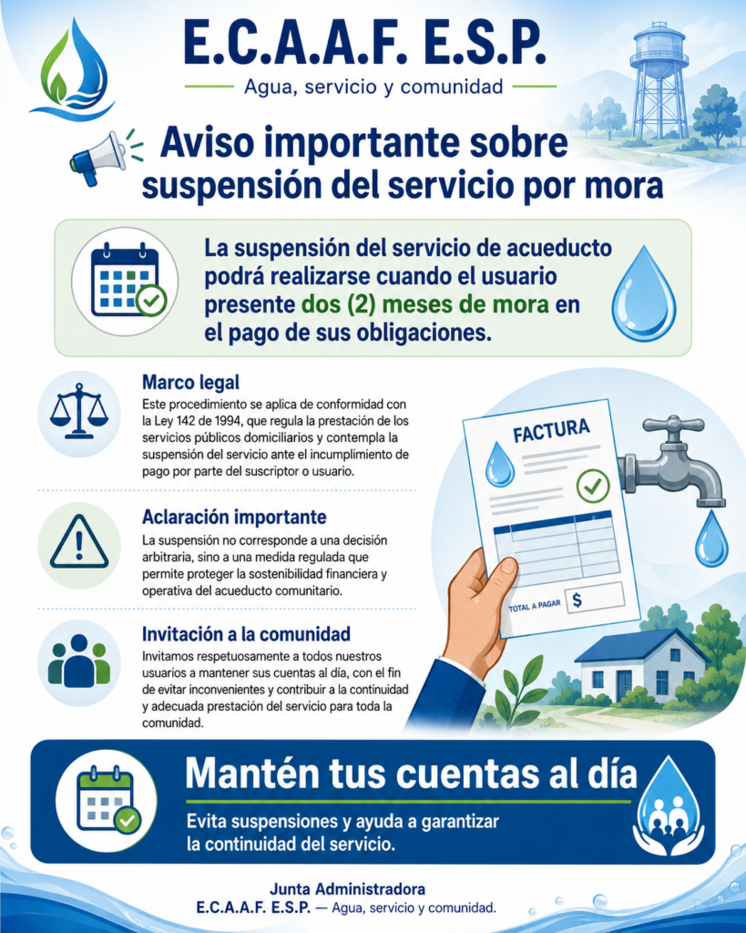 Aviso de E.C.A.A.F. E.S.P. sobre suspensión del servicio de acueducto por mora